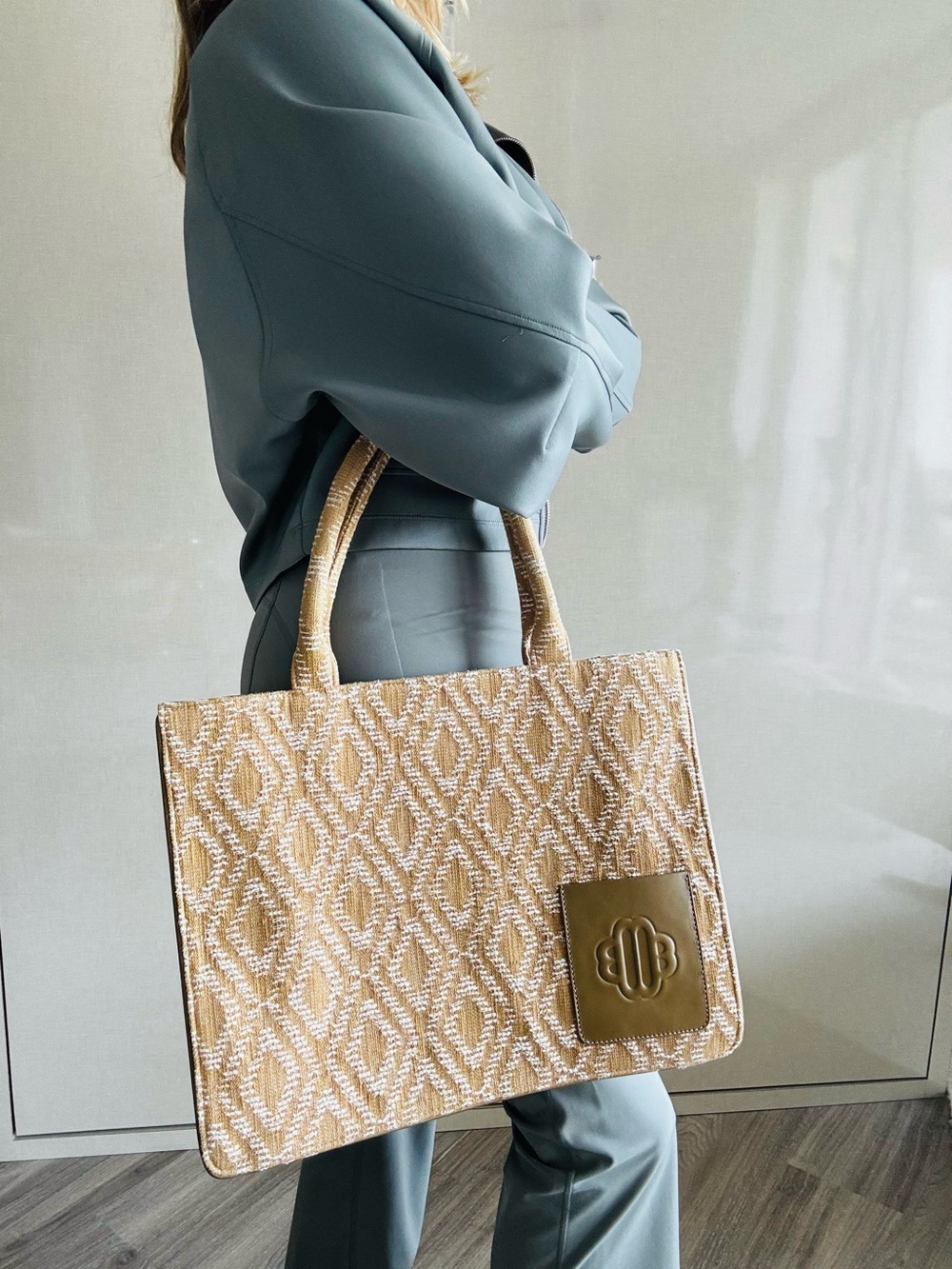Maje Tan and Cream Woven Diamond Tote